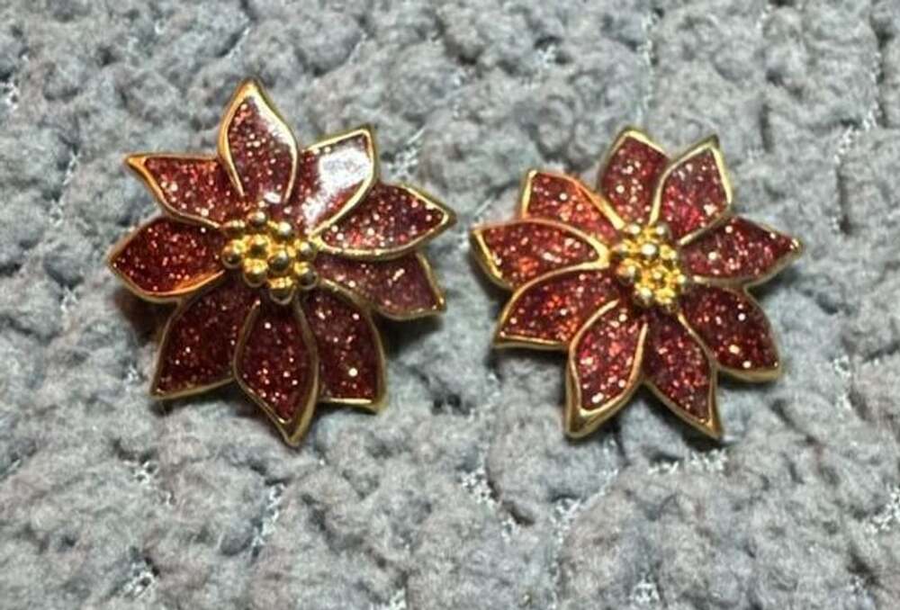 Avon Poinsettia Earrings Red Glitter Enamel Gold Tone